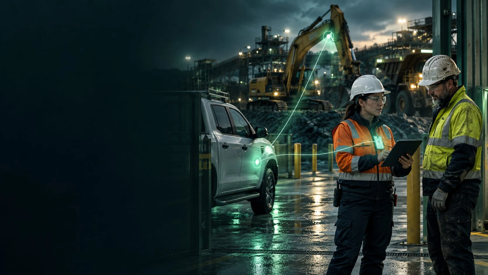 Two authorised workers review a tablet at an industrial site beside a vehicle and plant equipment.