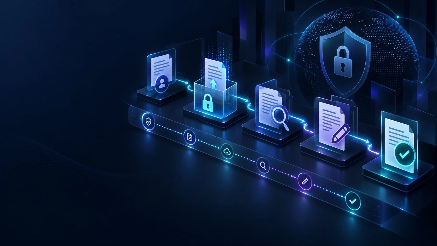 An editorial document-exchange workflow connects client identity, upload, review, editing and approval symbols.