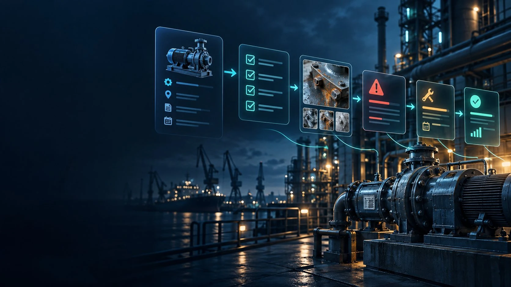 An illustrated industrial asset workflow connects equipment, inspection evidence, a defect, repair work and a recorded release.